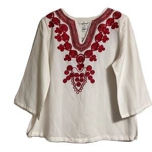 Lino USA, 55% Linen,Embroidered/V Neckline, Kimono Sleeves Top, Red/Off White, L